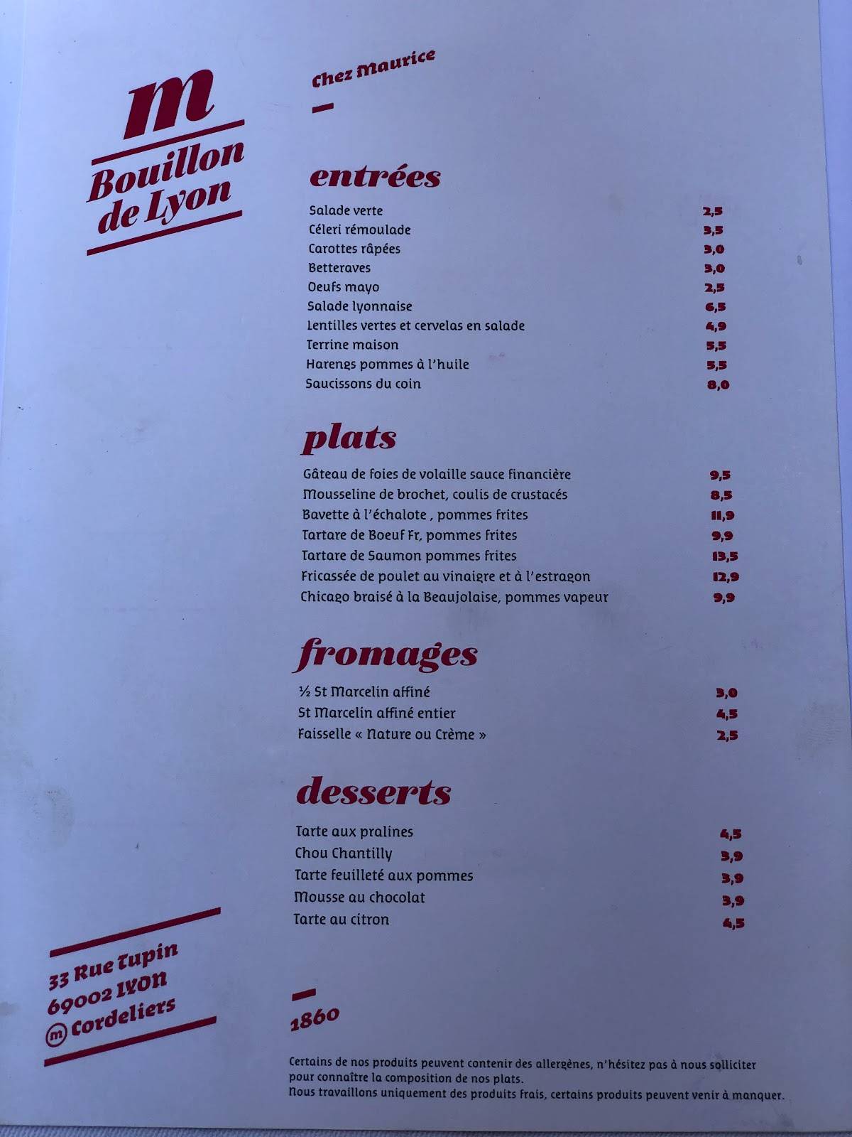 Menu at Bouillon Maurice restaurant, Lyon, 33 Rue Tupin