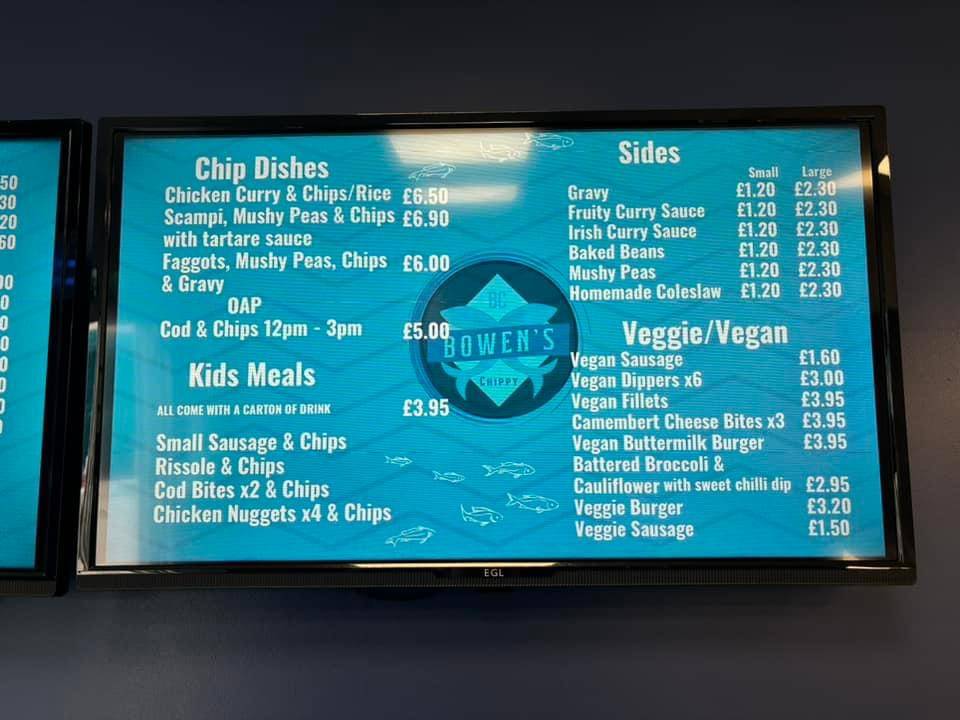 Menu at Bowen‘s Chippy restaurant, Burry Port