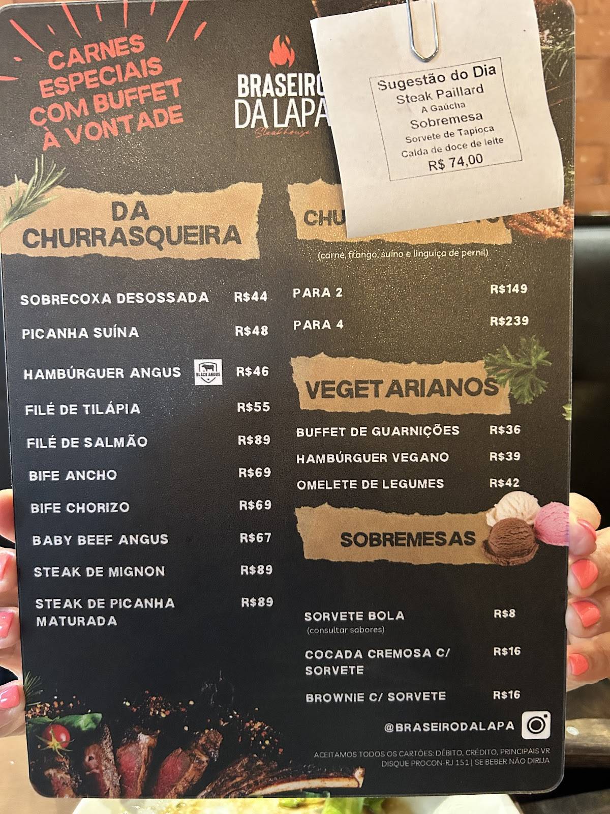 Braseiro da Lapa Steakhouse cardápio