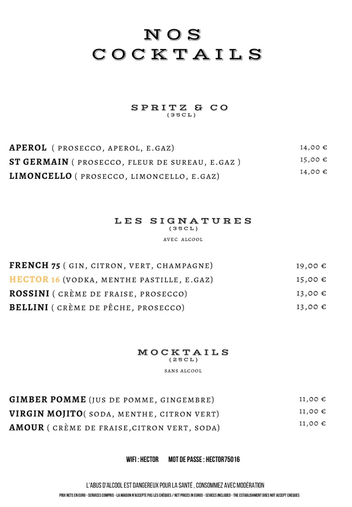 Menu de Brasserie Hector