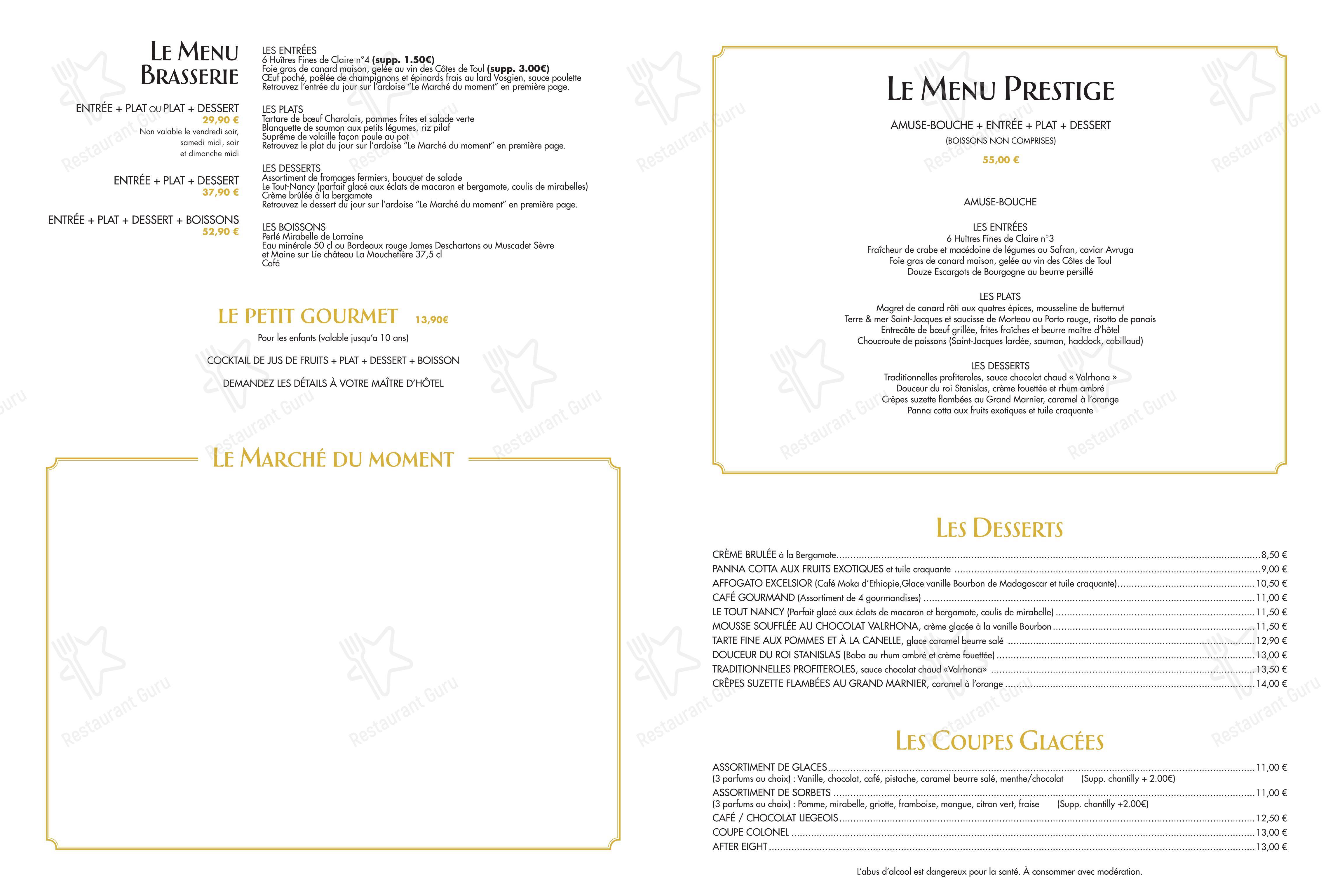 Menu pour Brasserie L'Excelsior restaurant