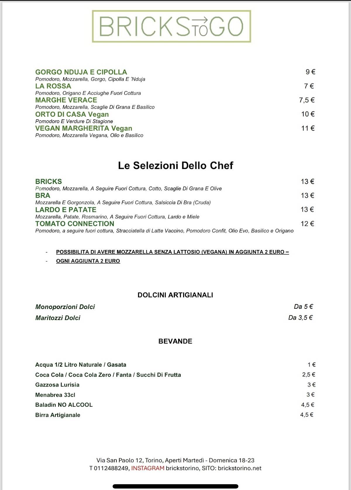 Menu di Bricks Pizza Lievitati Dolci e Salati 