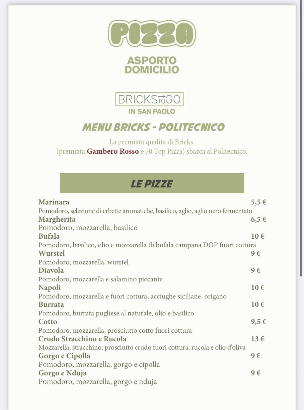 Menu di Bricks Pizza Lievitati Dolci e Salati 