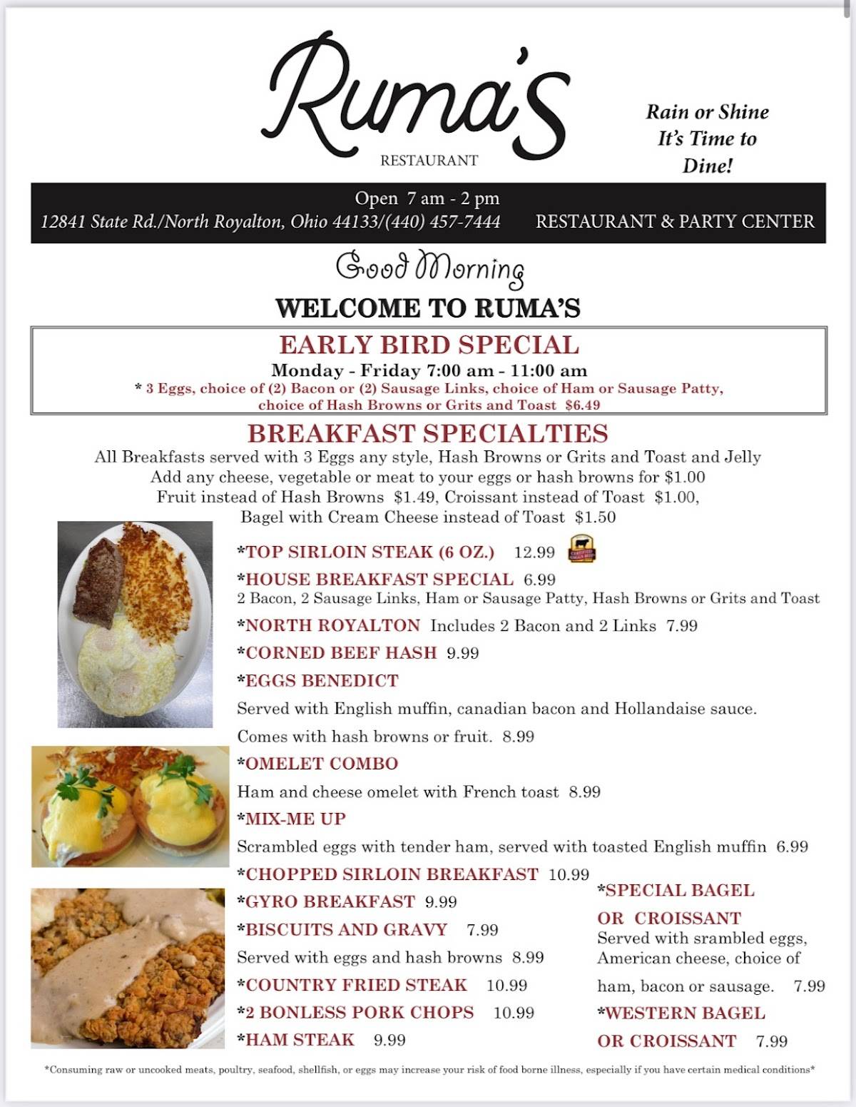 Menu at RUMA’S RESTAURANT, North Royalton