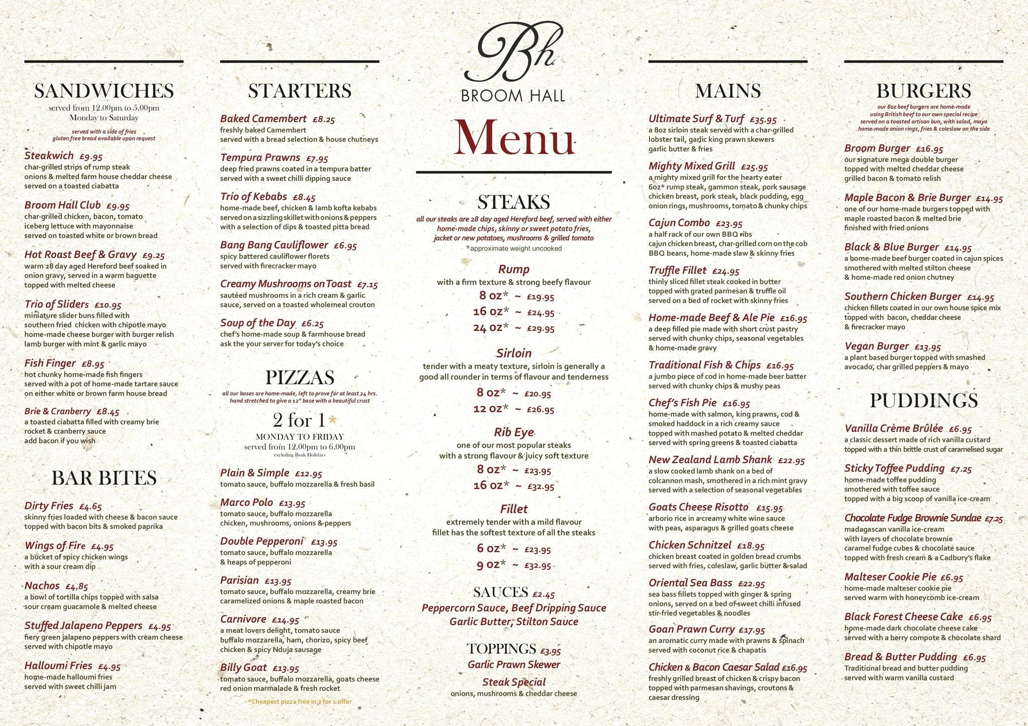 Menu at Broom Hall Inn pub & bar, BidfordonAvon