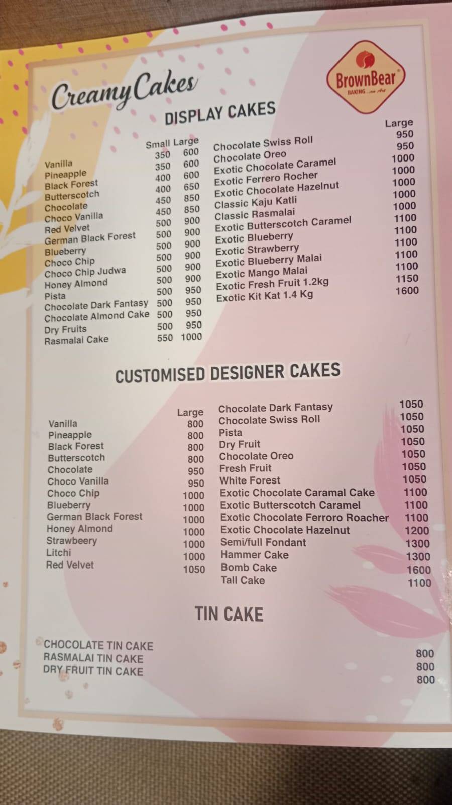 Brown Bear Bakers menu