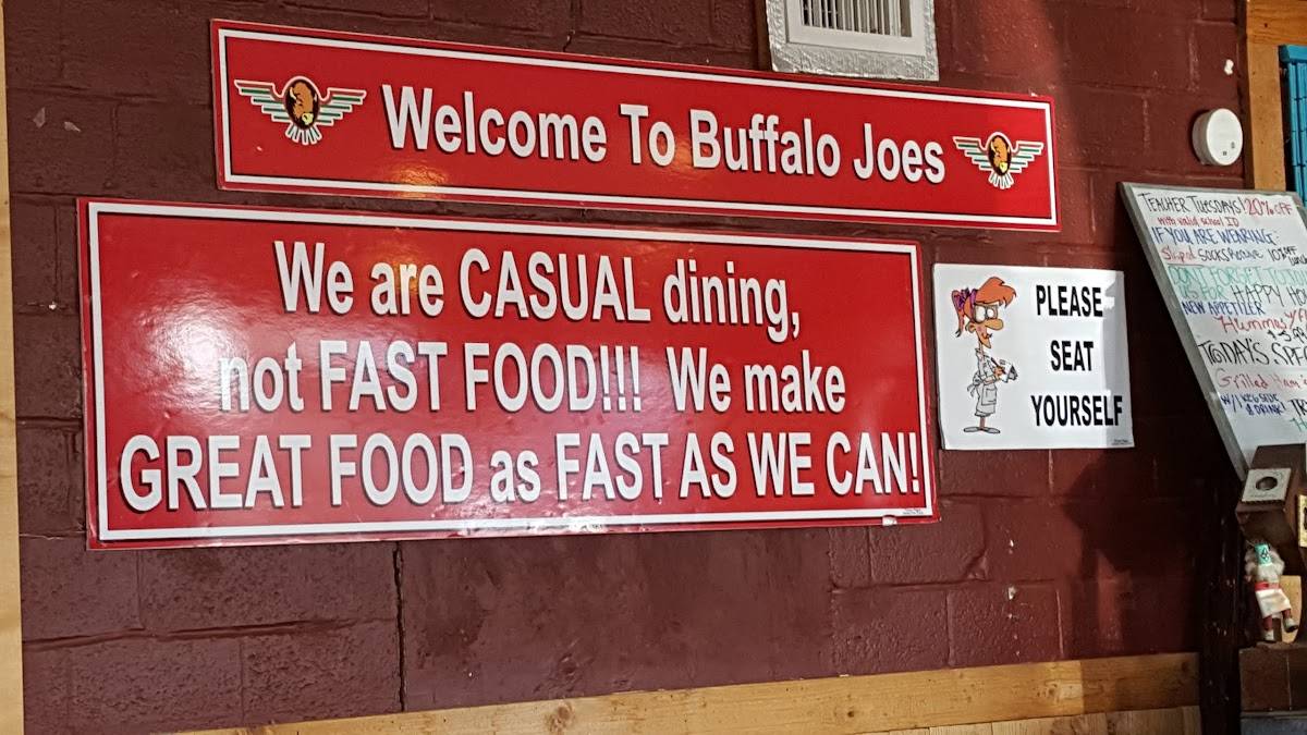 Menu at Buffalo Joes restaurant, La Vernia