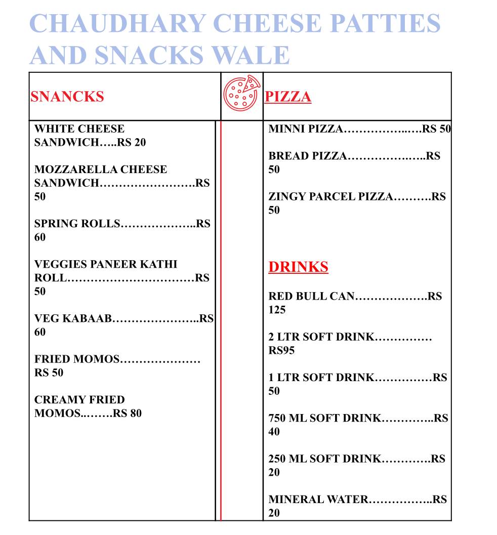 CHAUDHARY CHEESE PATTIES AND SNACKS WALE menu