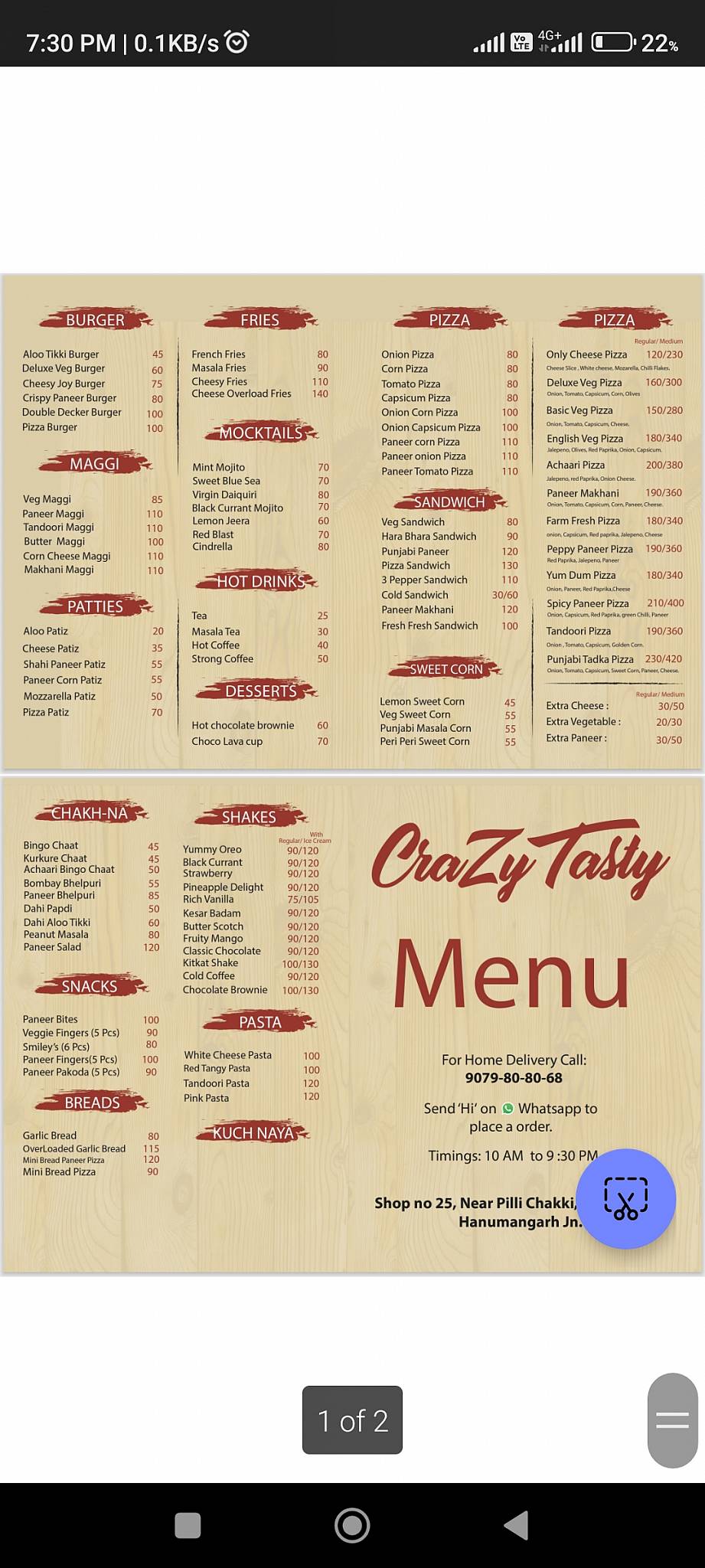 CRAZY TASTY menu