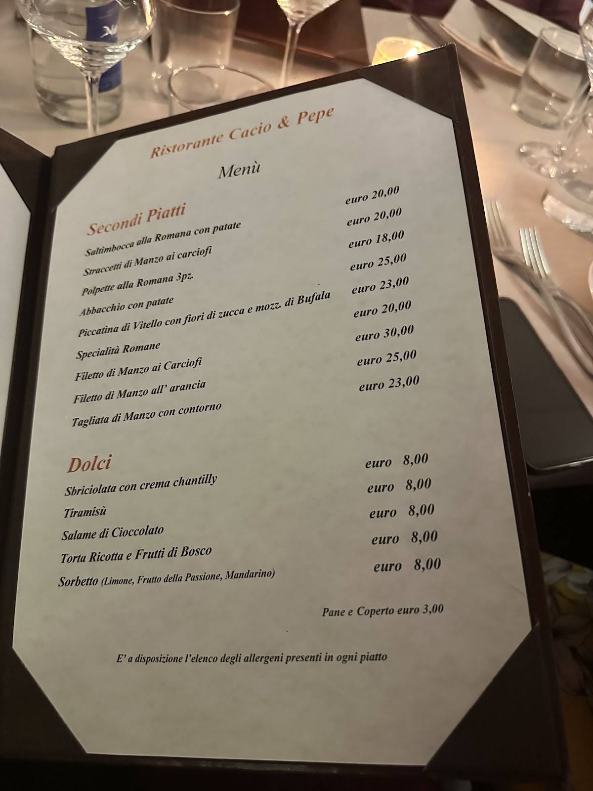 Menu di Ristorante Cacio e Pepe - Cucina Romana 