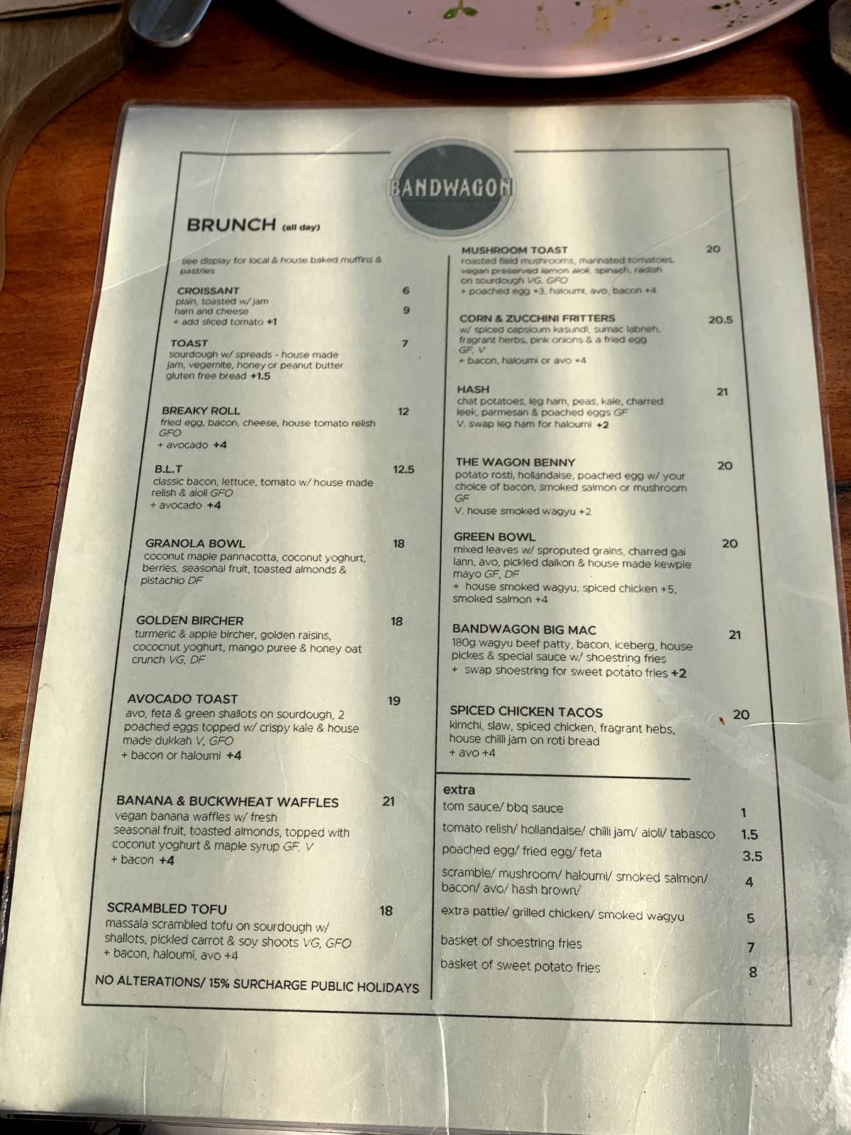 Menu at Bandwagon cafe, Port Macquarie