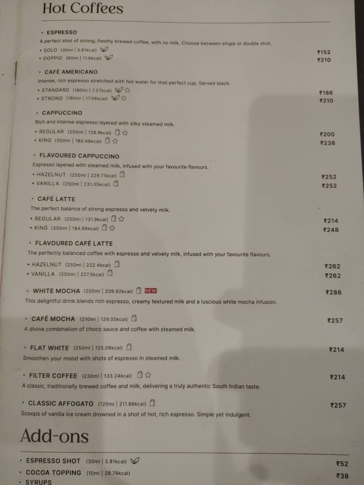 Café Coffee Day menu