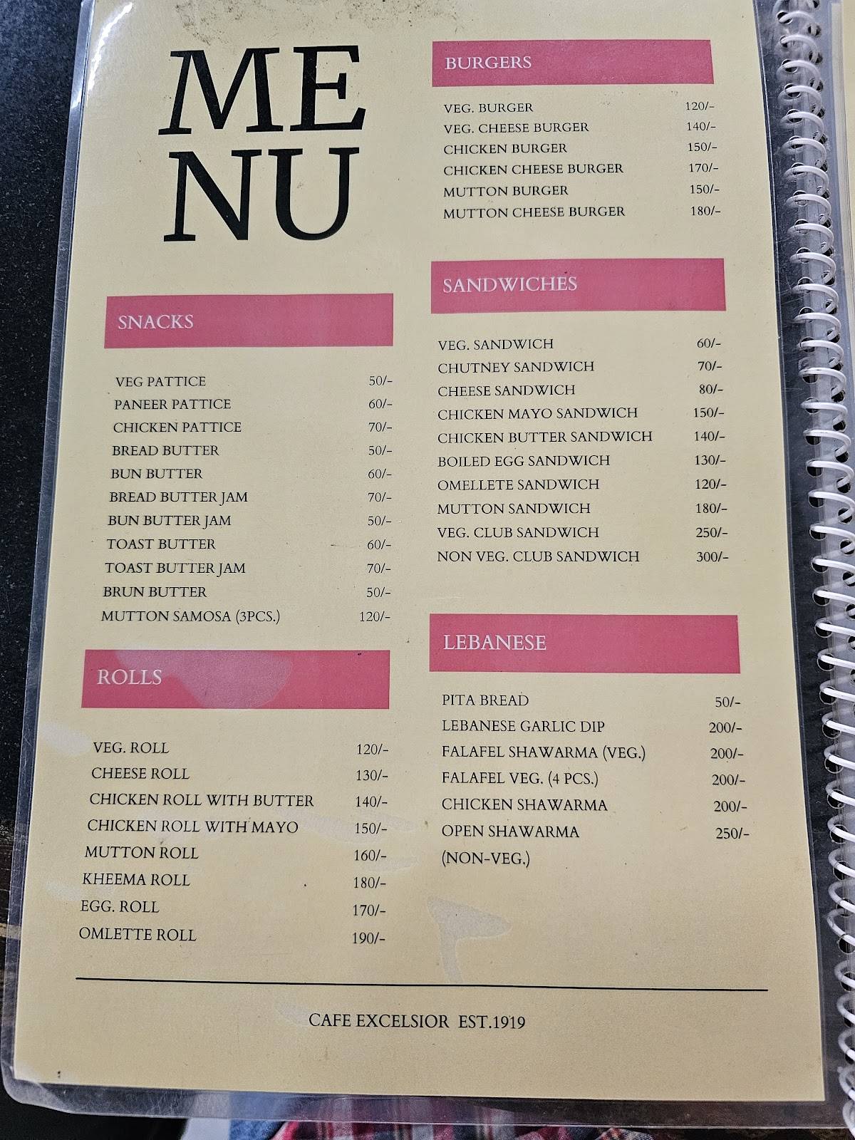 Cafe Excelsior menu