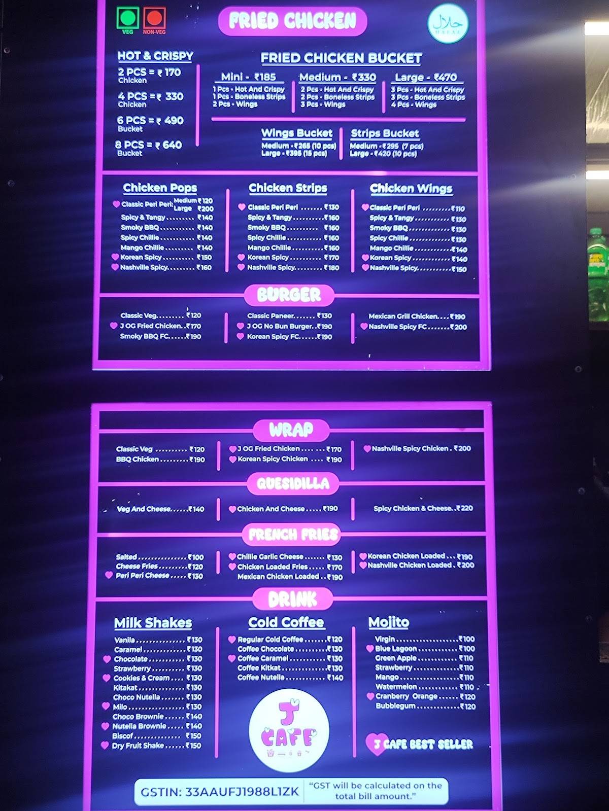J cafe menu