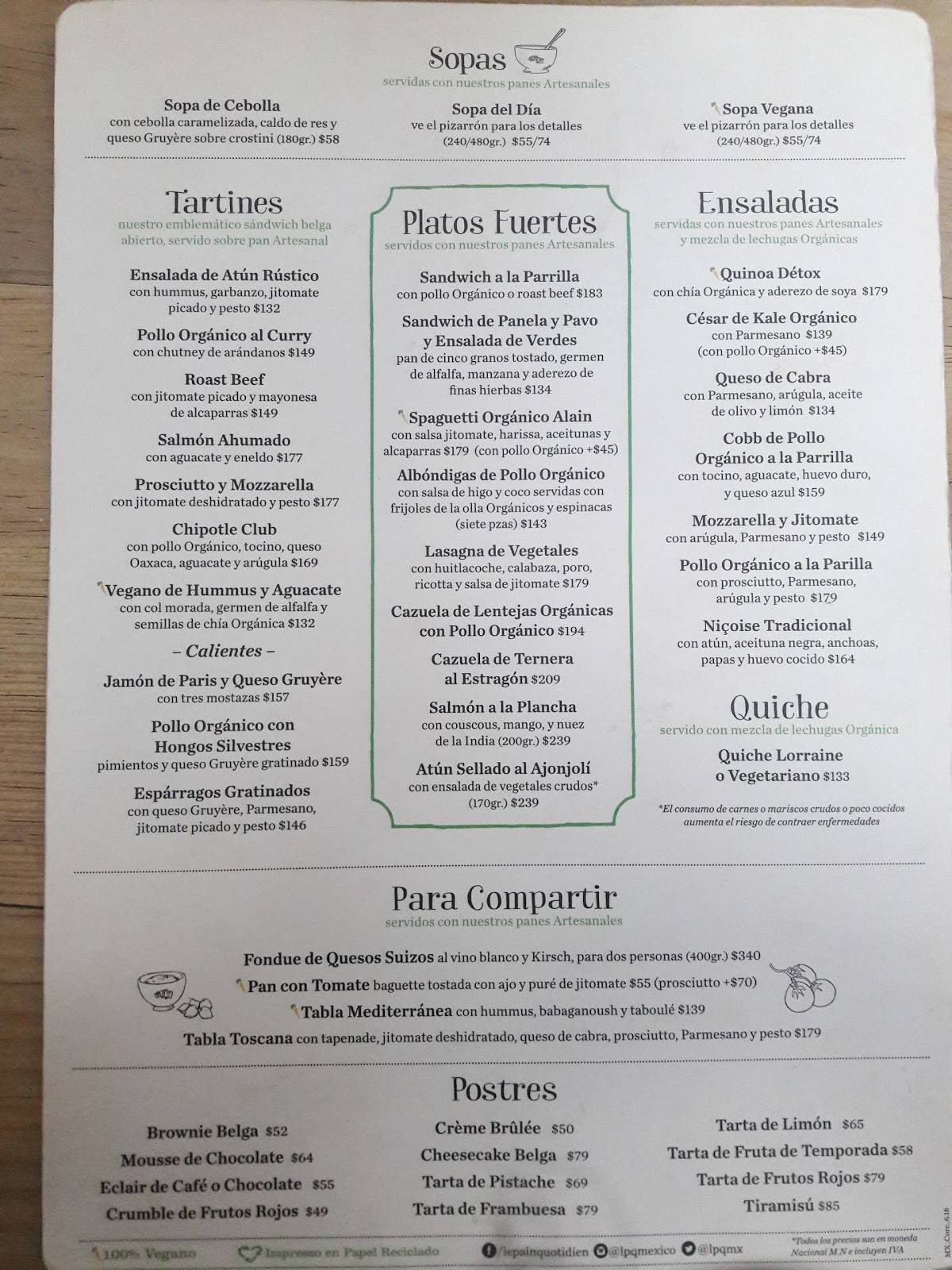 Carta de cafetería Le Pain Quotidien, Ciudad de México, Monterrey 104