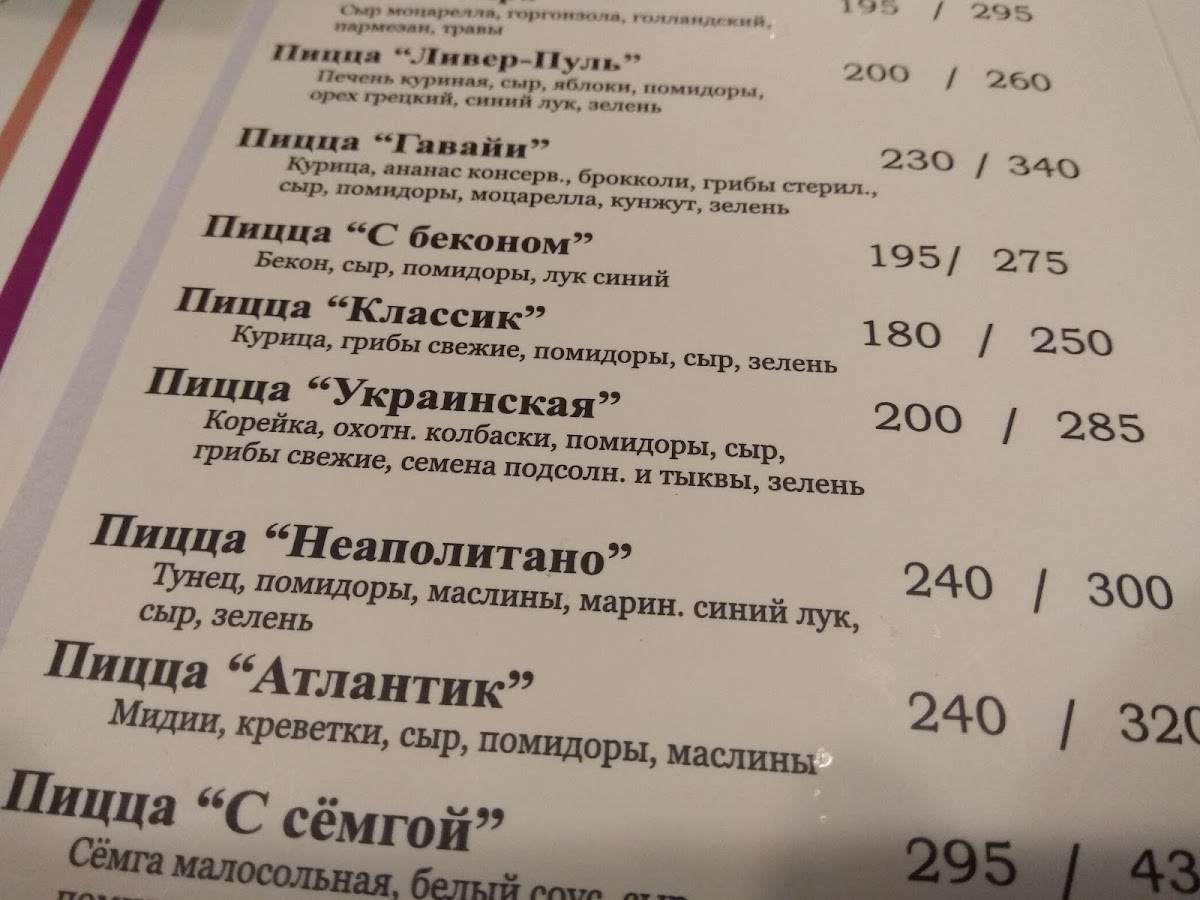 Меню кафе Pizza Тет, Джанкой