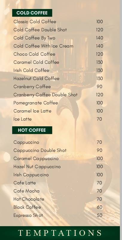 Temptations Cafe menu
