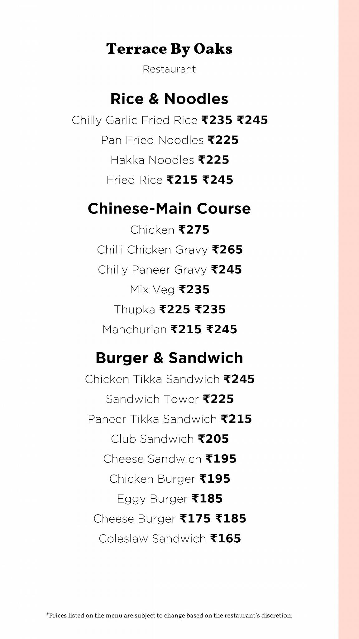 Terrace By Oaks menu