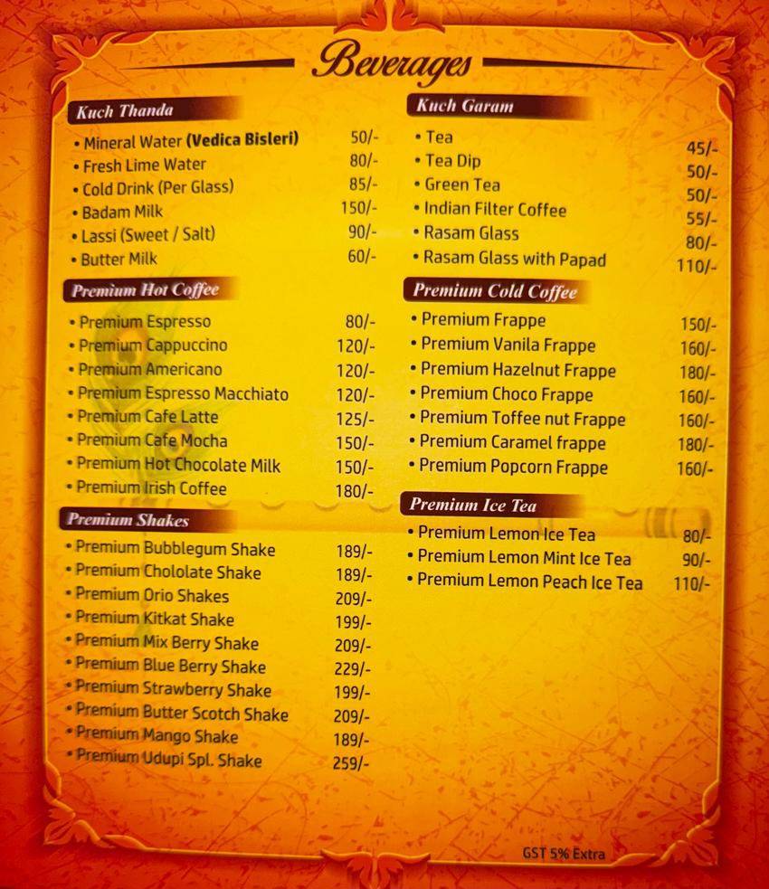 Udupi Krishna Restaurant menu