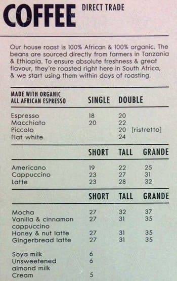 Woolworths Café menu