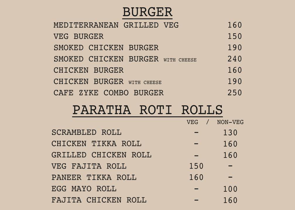 Cafe Zyke menu