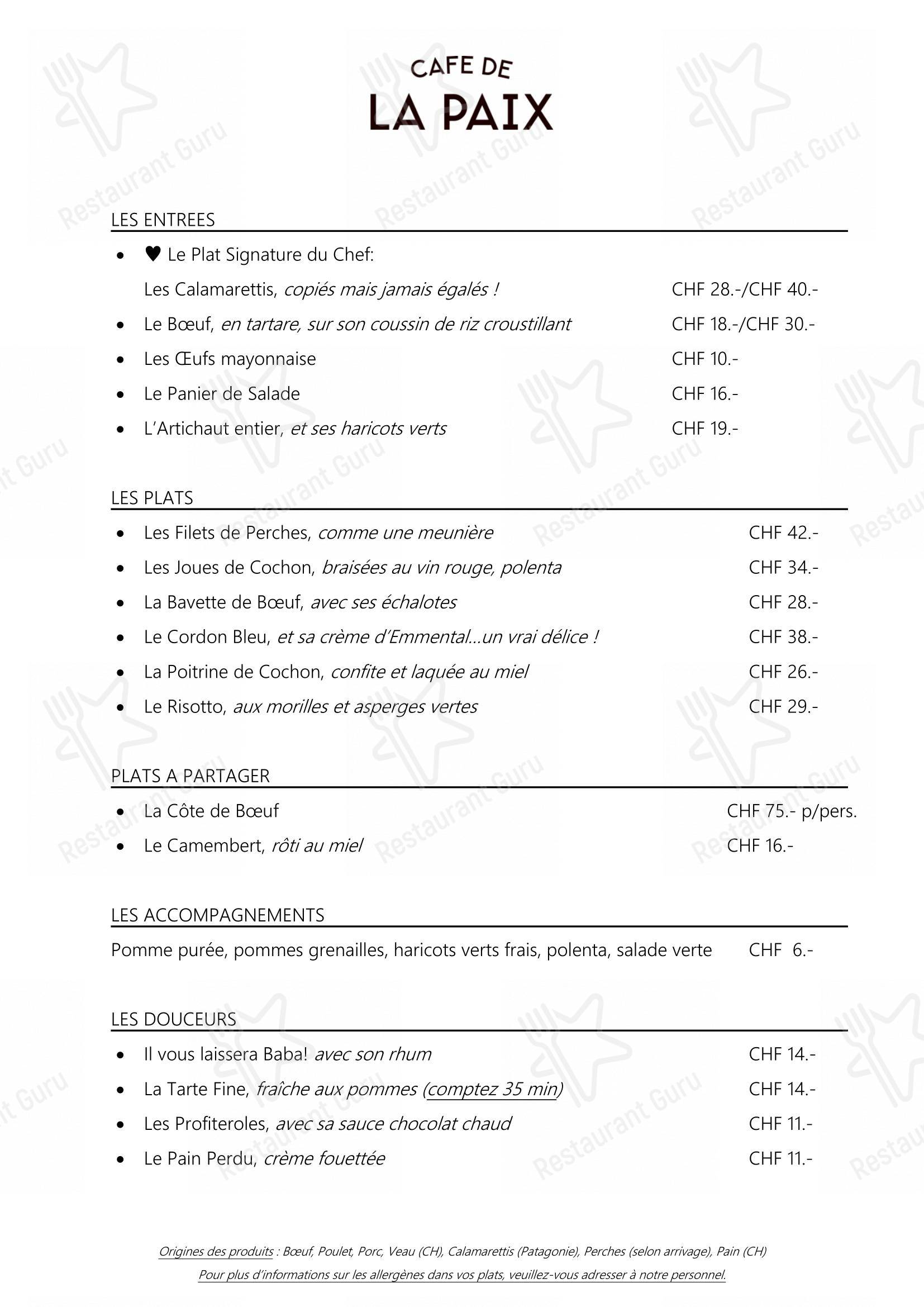 Menu di Café de la Paix - Menu bar