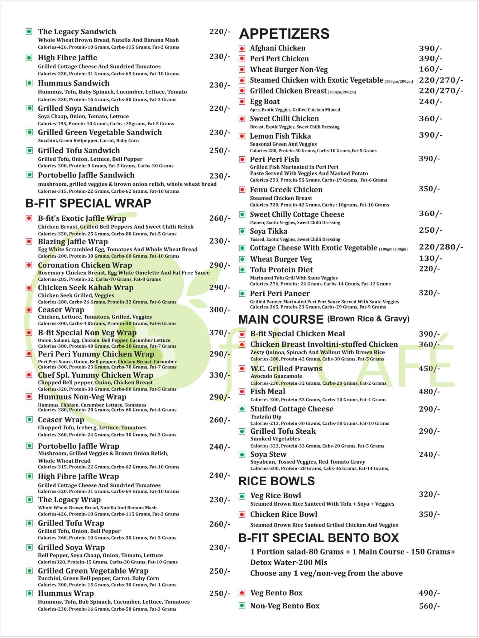 B Fit Cafe menu