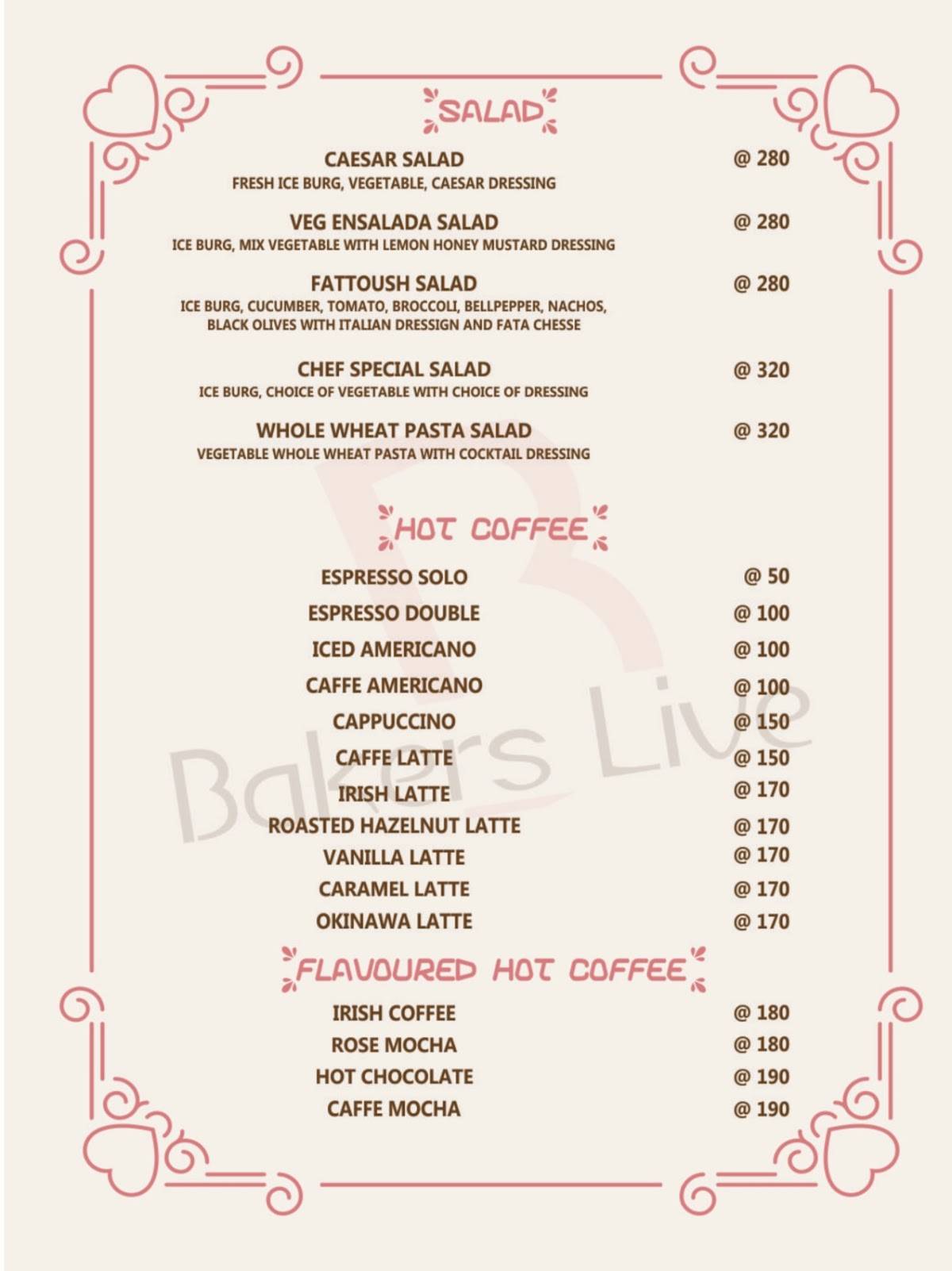 Bakers Live menu