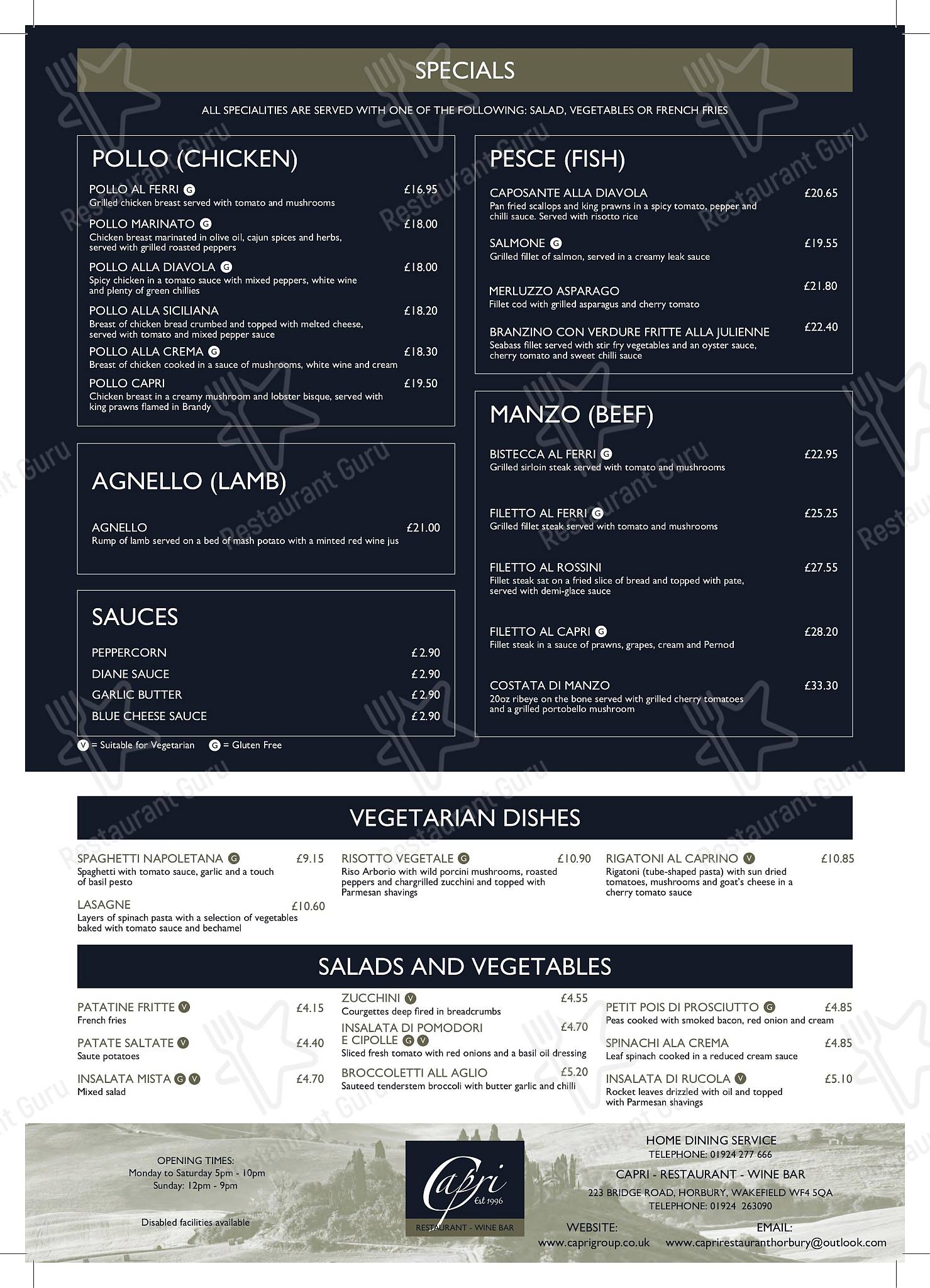 Menu at Caffe Capri Horbury cafe, Wakefield