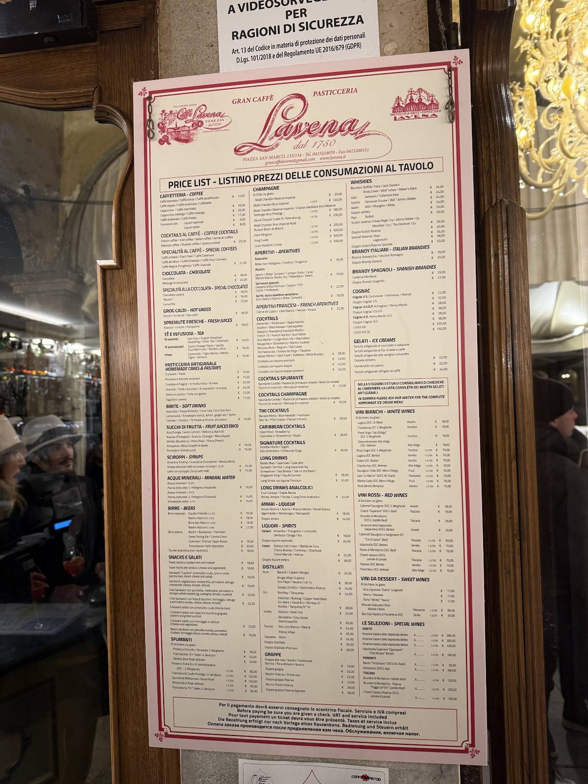 Menu di Gran Caffè Lavena 