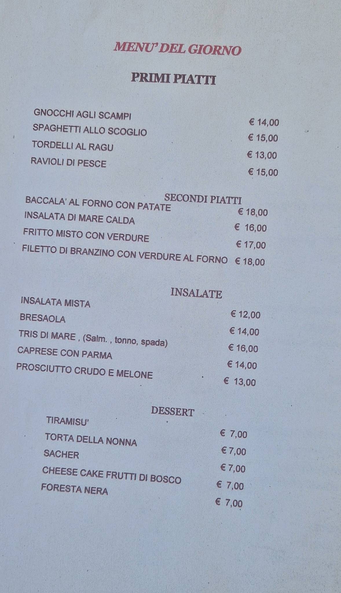 Menu di Caffè Sirena 