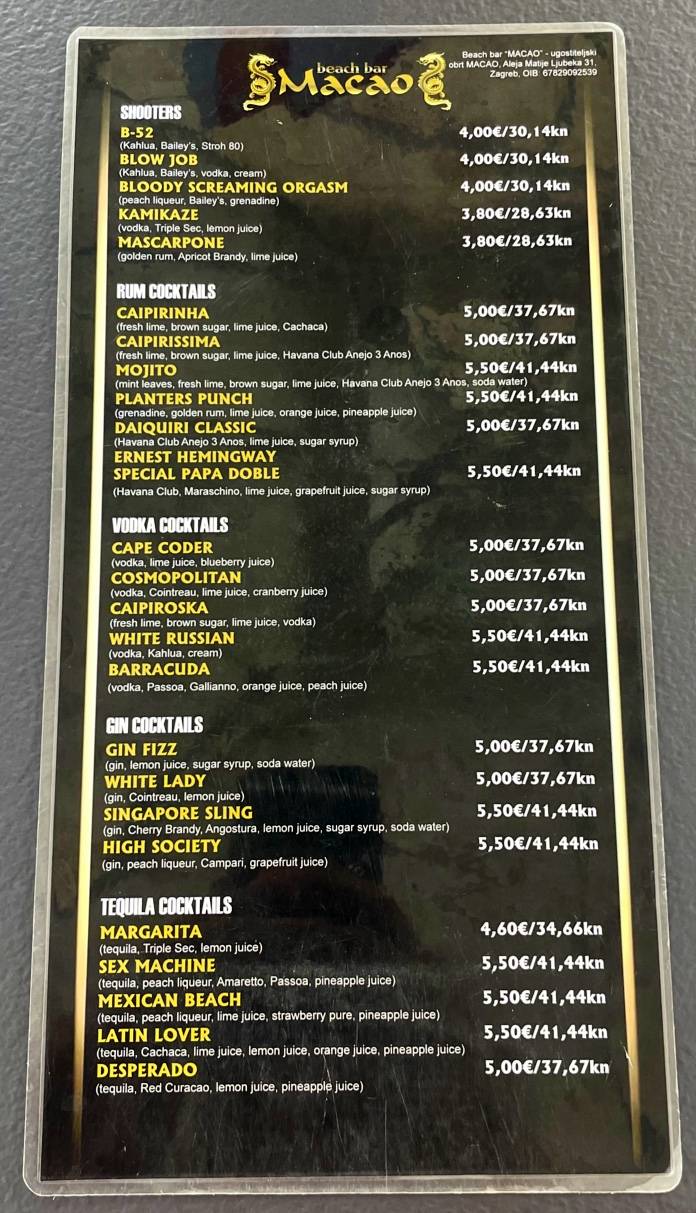 Menu di Caffe bar Trocadero 