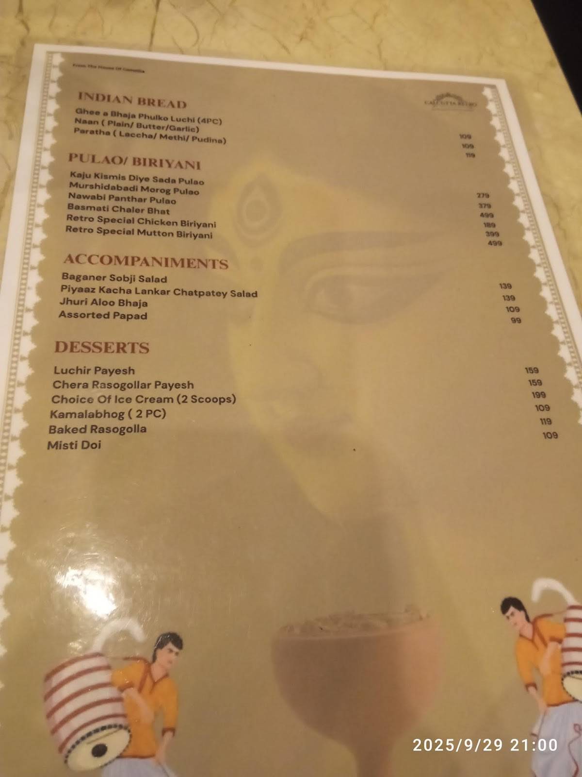 Calcutta Retro menu