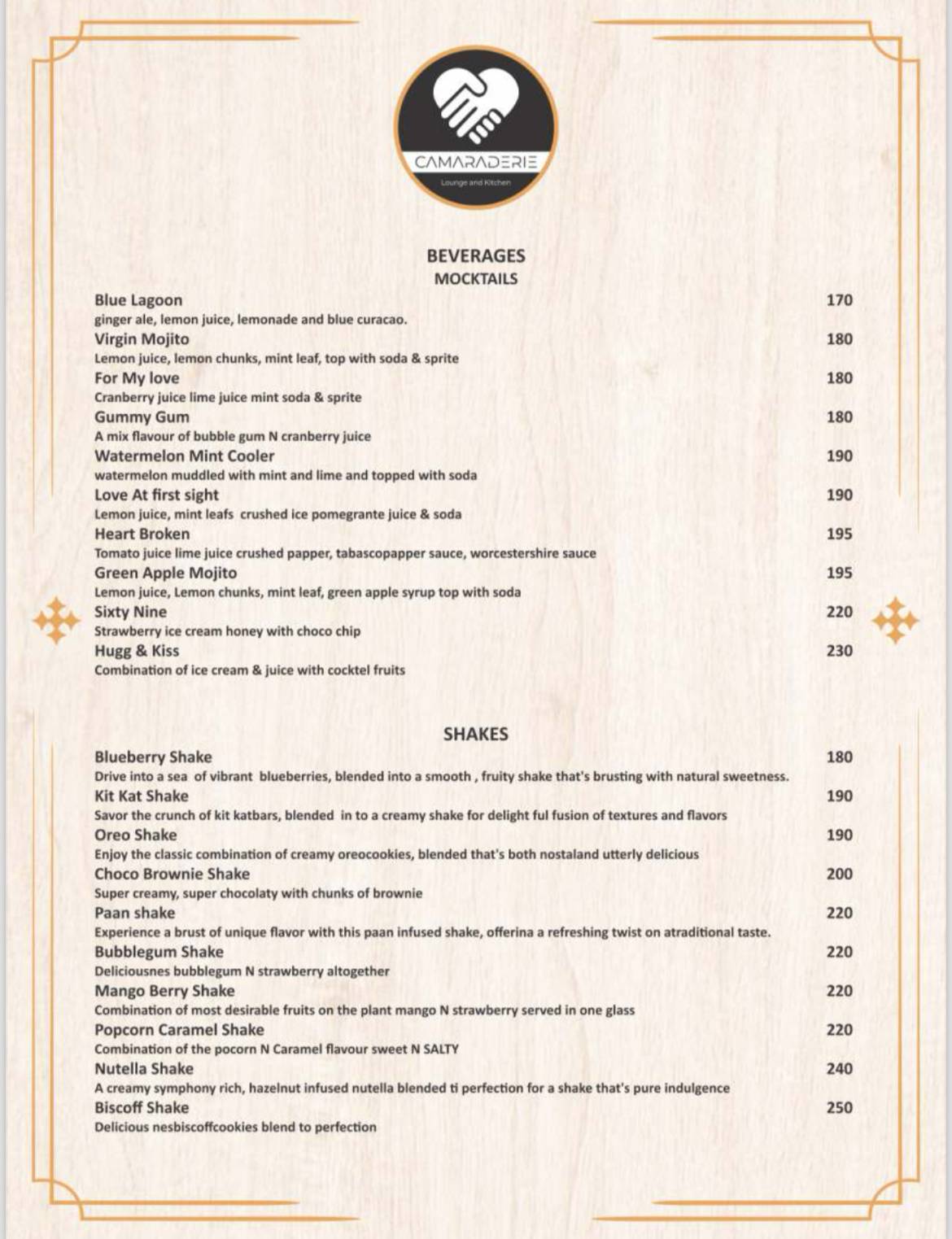 Camaraderie Lounge And Kitchen menu