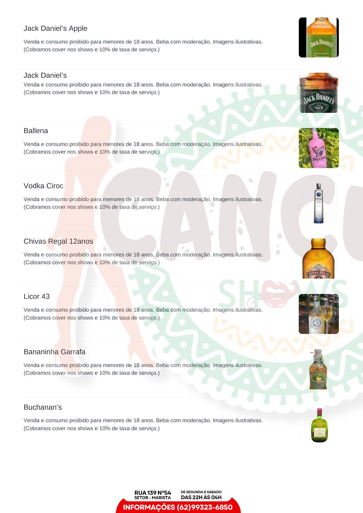 Cancun Shows cardápio