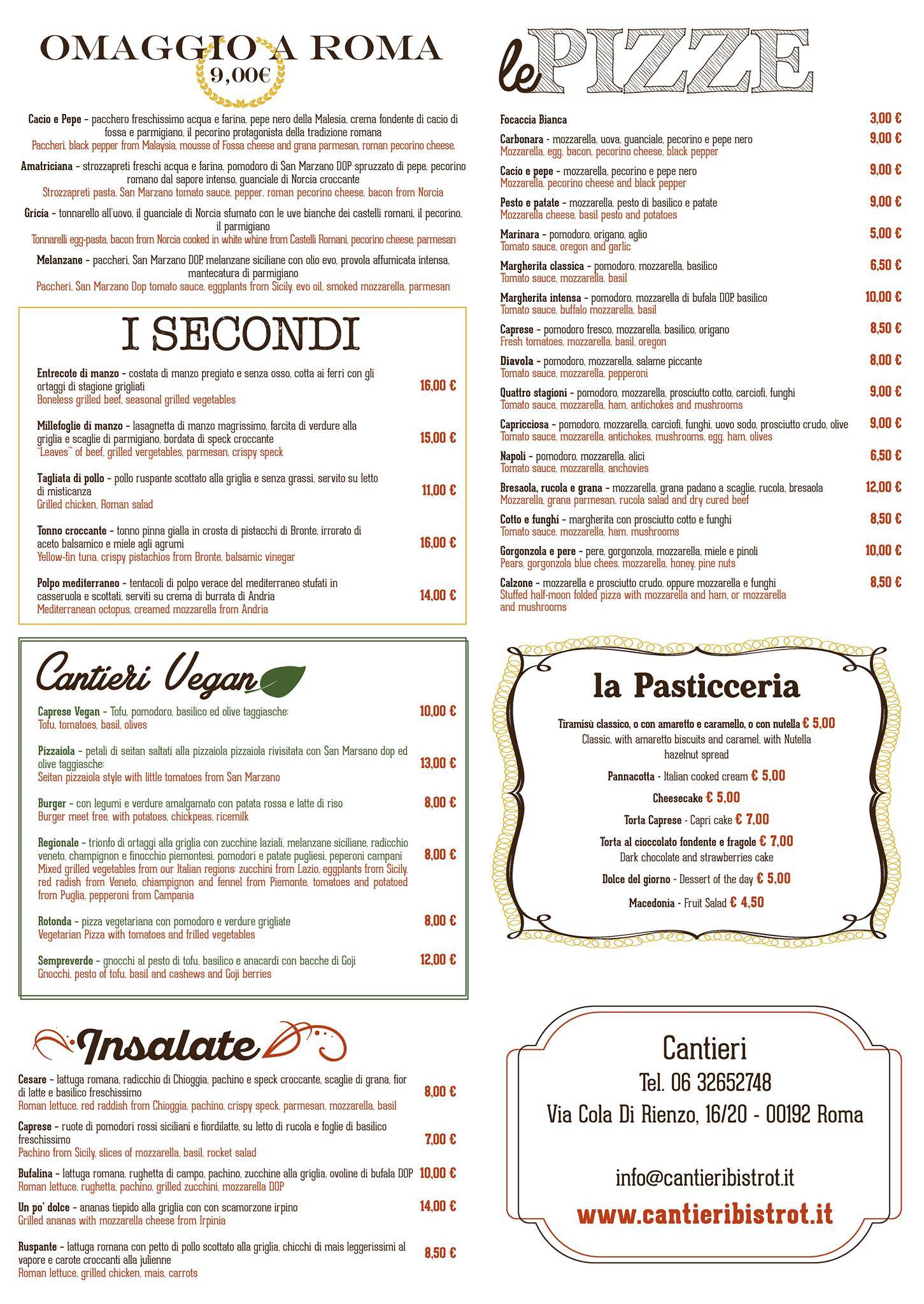 Menu di Cantieri Bistró 