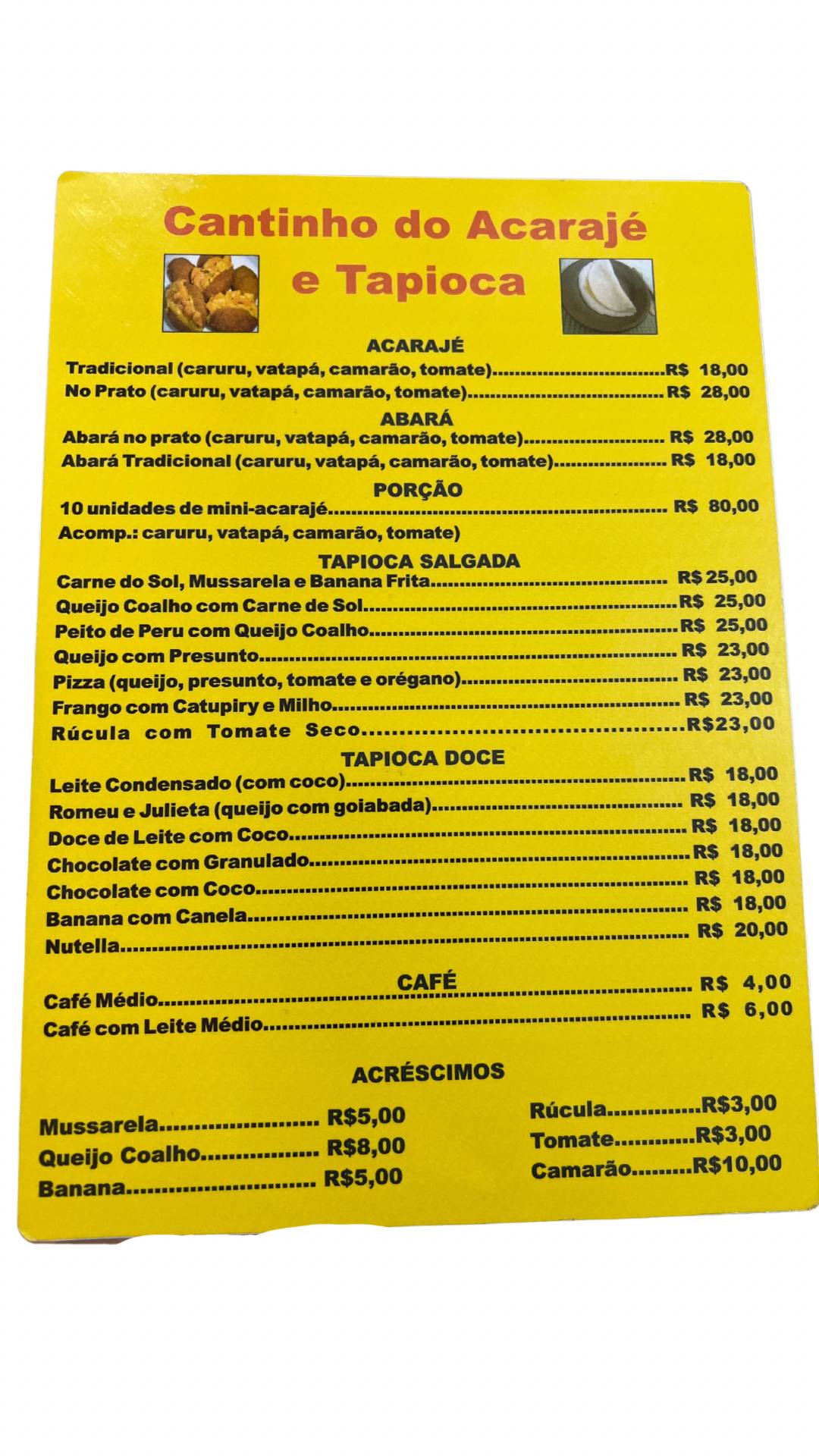 Cantinho do Acarajé e Tapioca cardápio