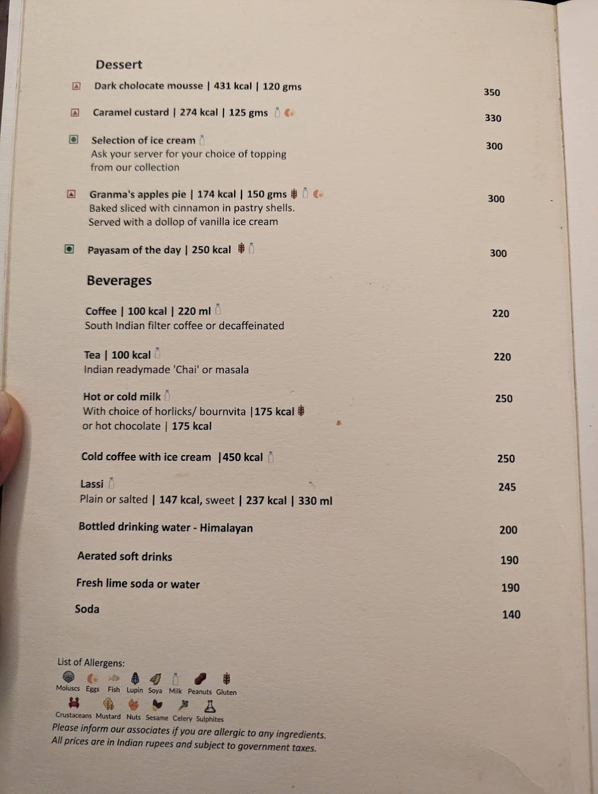 Cape Comorin menu