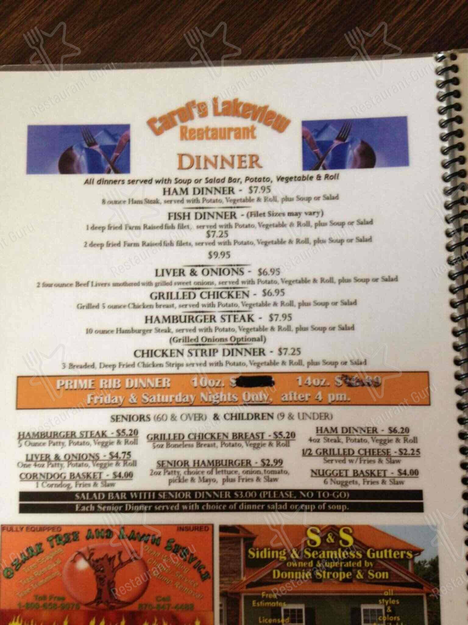 Menu at Carol's Lakeview Restaurant, Cherokee Village, 200 Iroquois Dr