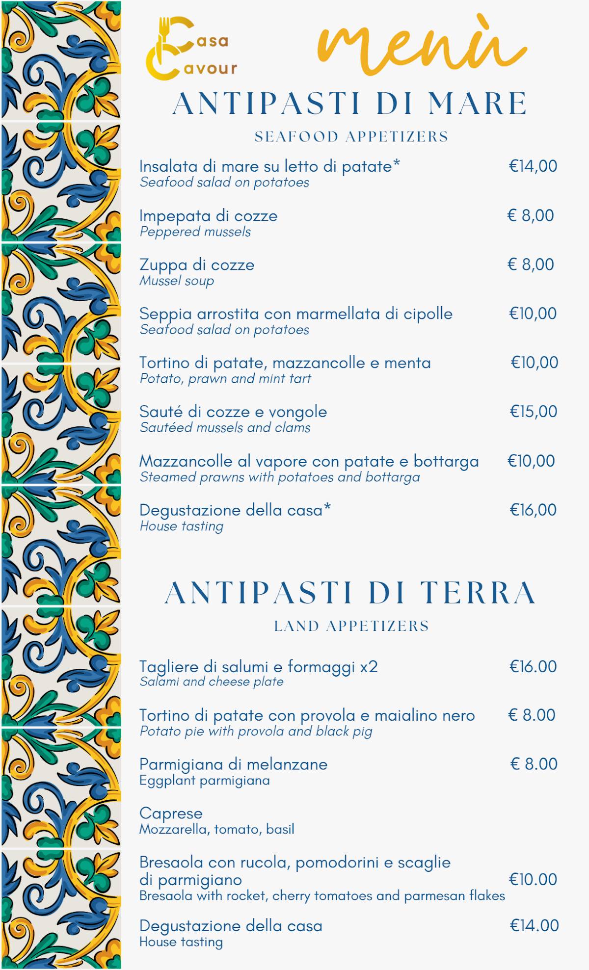 Menu di Casa Cavour 