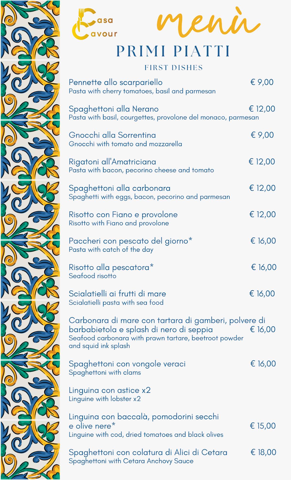 Menu di Casa Cavour 