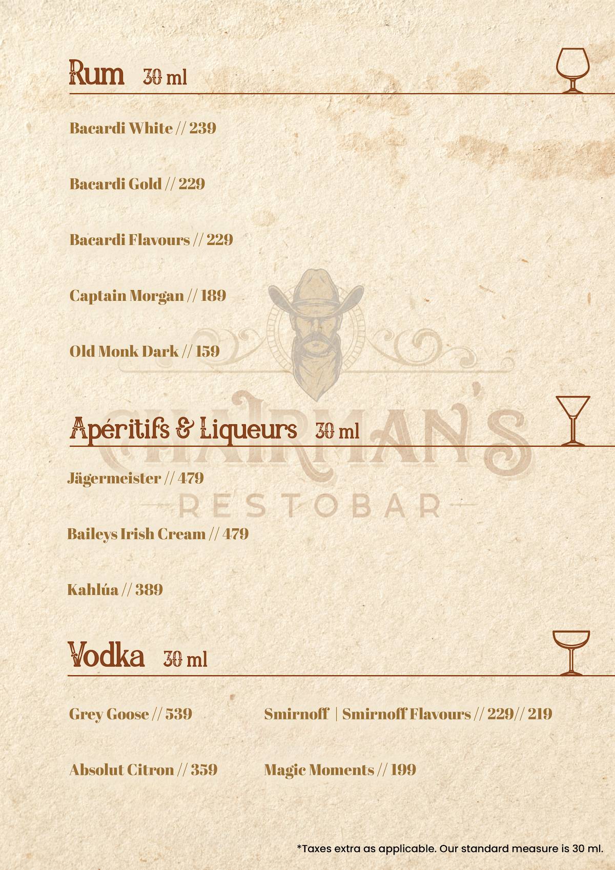 Chairman's Restobar menu