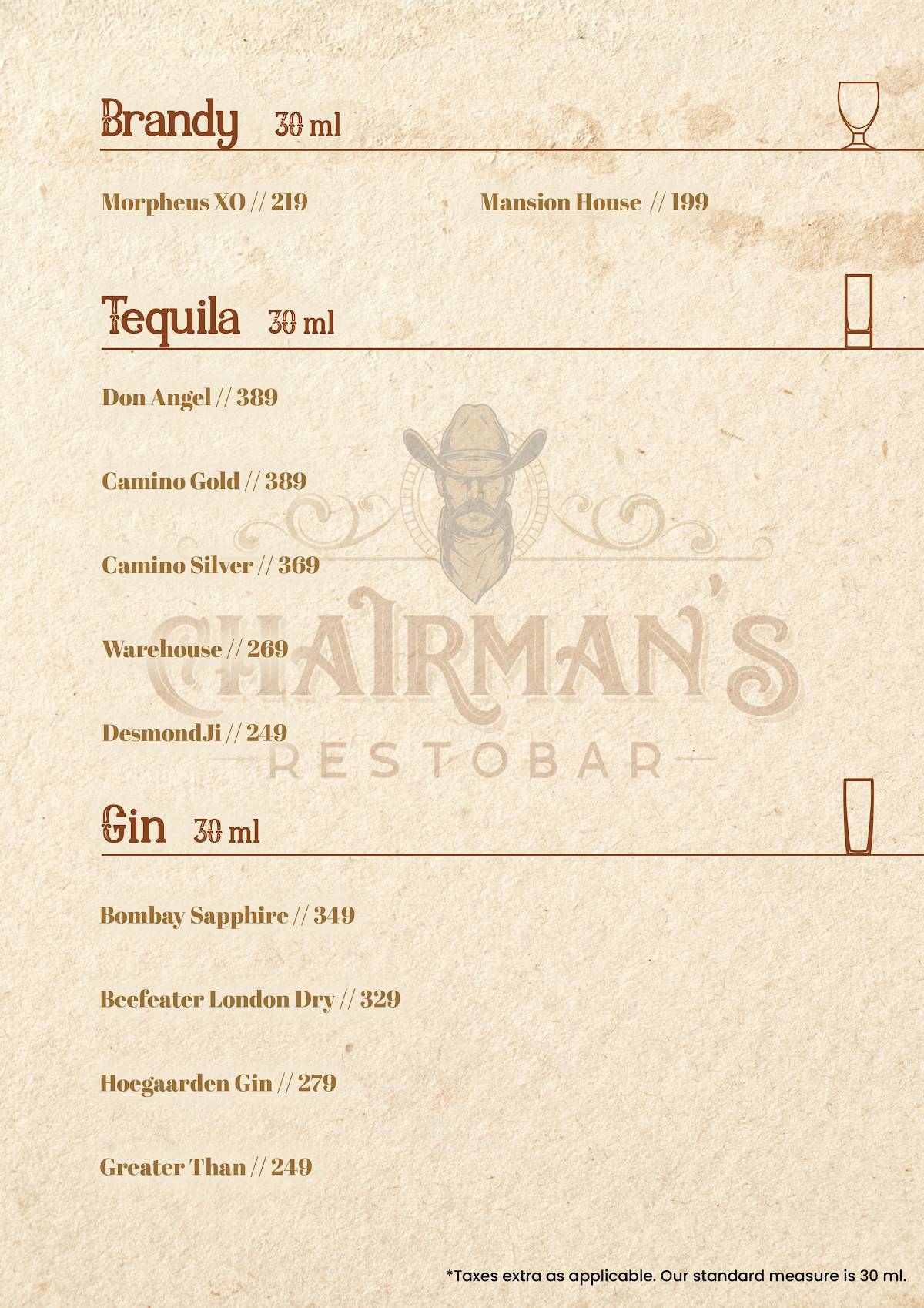 Chairman's Restobar menu