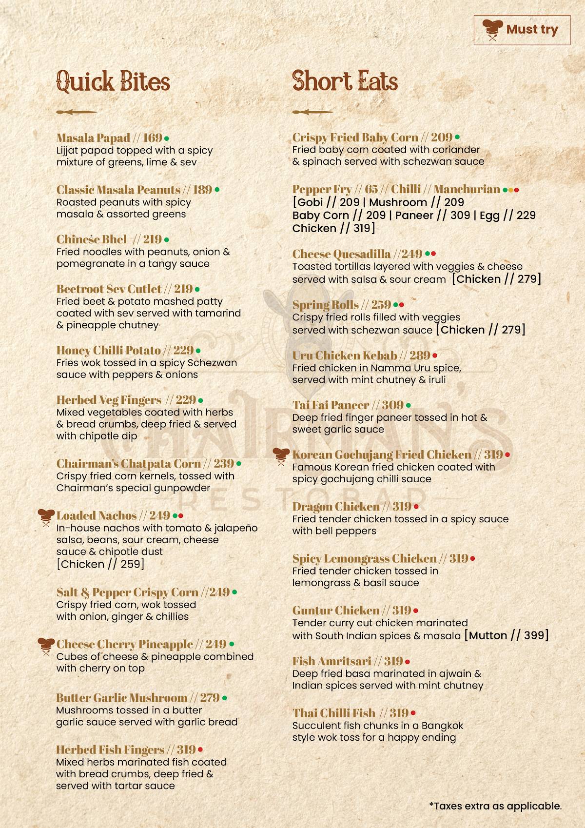 Chairman's Restobar menu