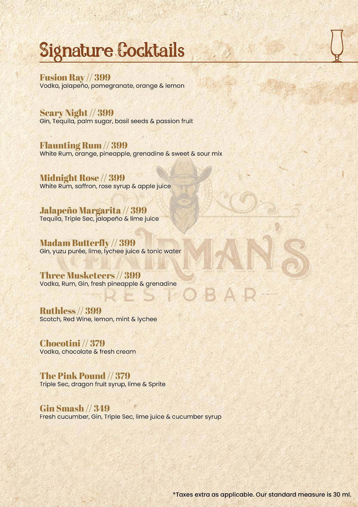 Chairman's Restobar menu