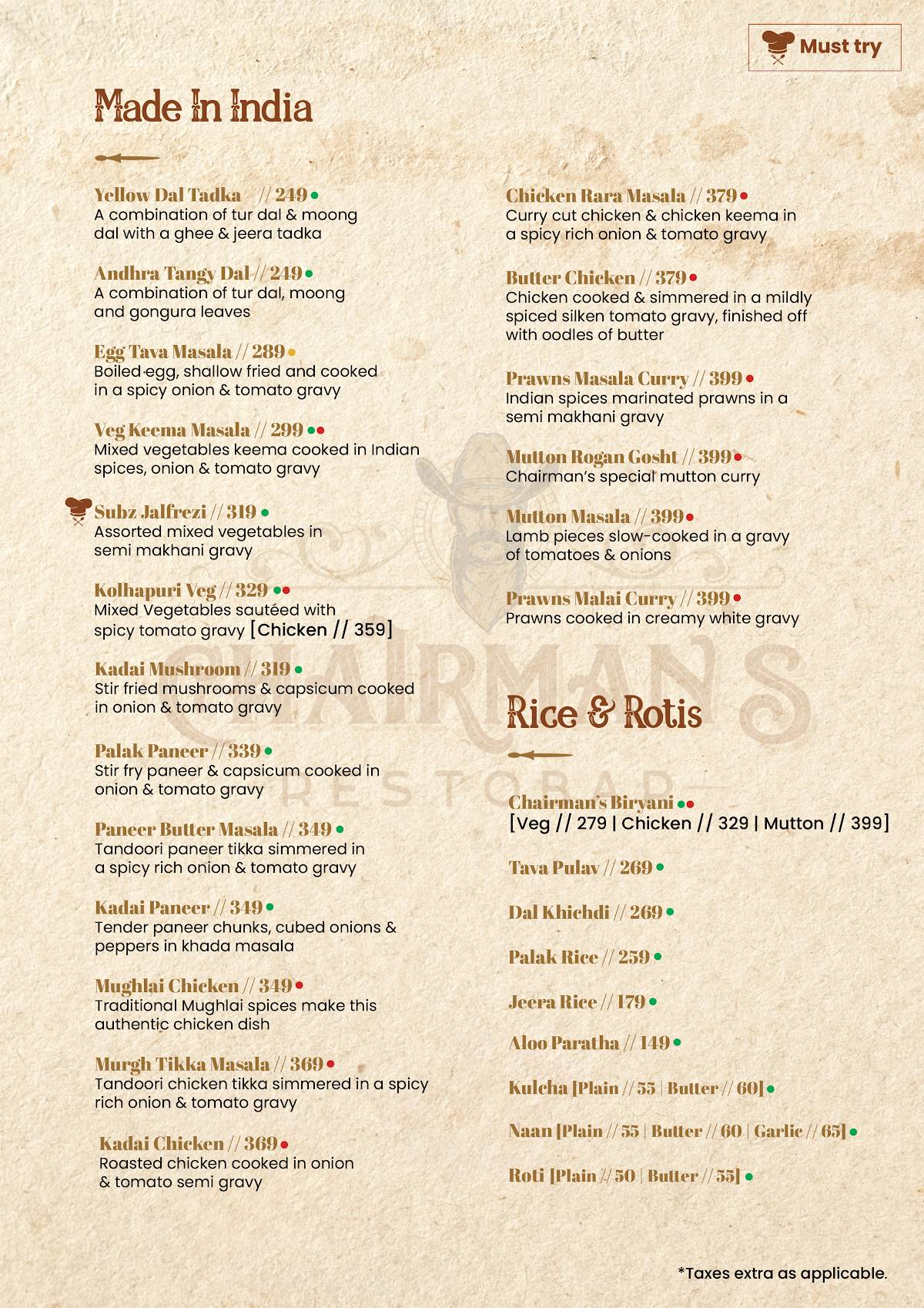 Chairman's Restobar menu