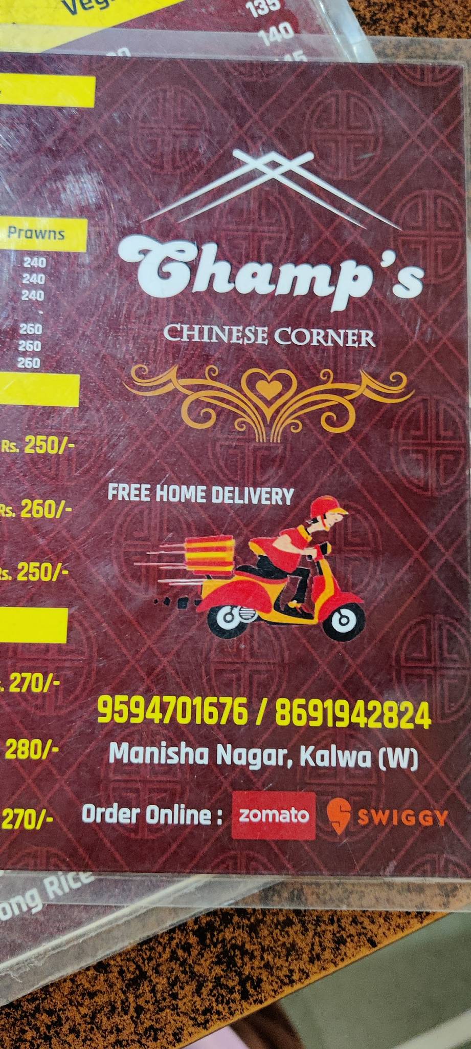 Champs Chinese and Tandoor Corner menu