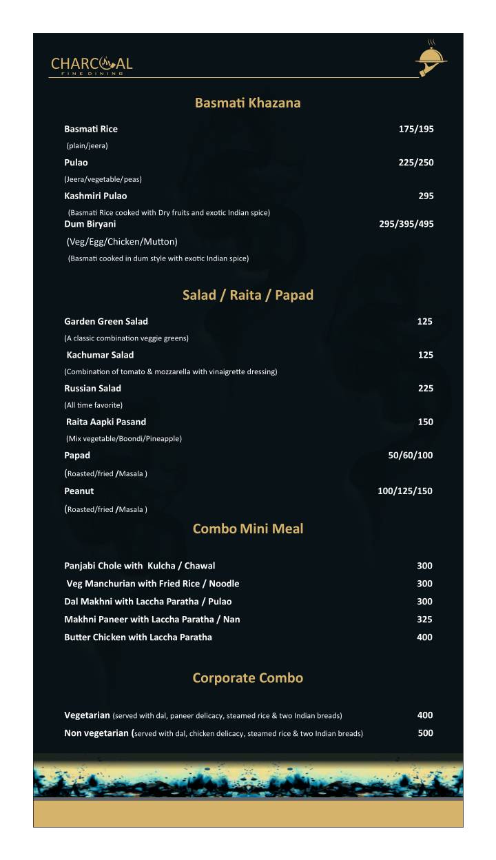 Charcoal Fine Dining menu