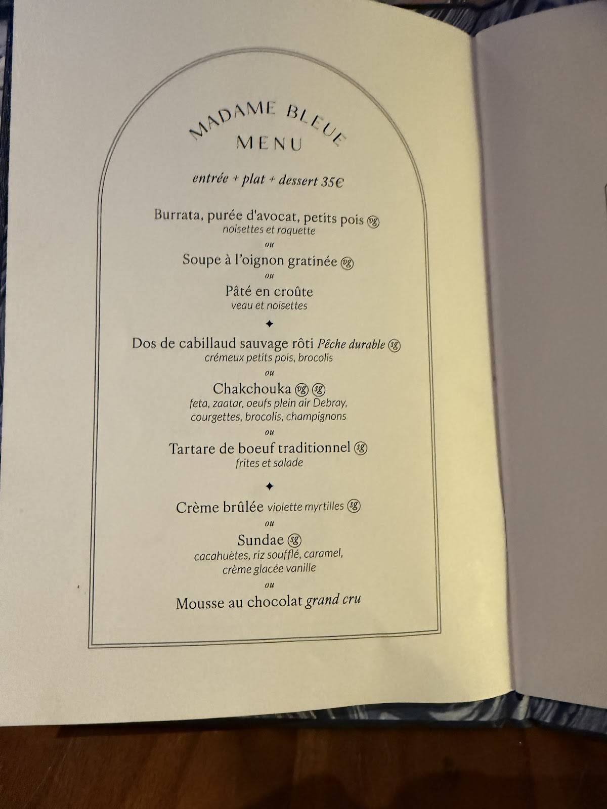 Menu de Café Bleu