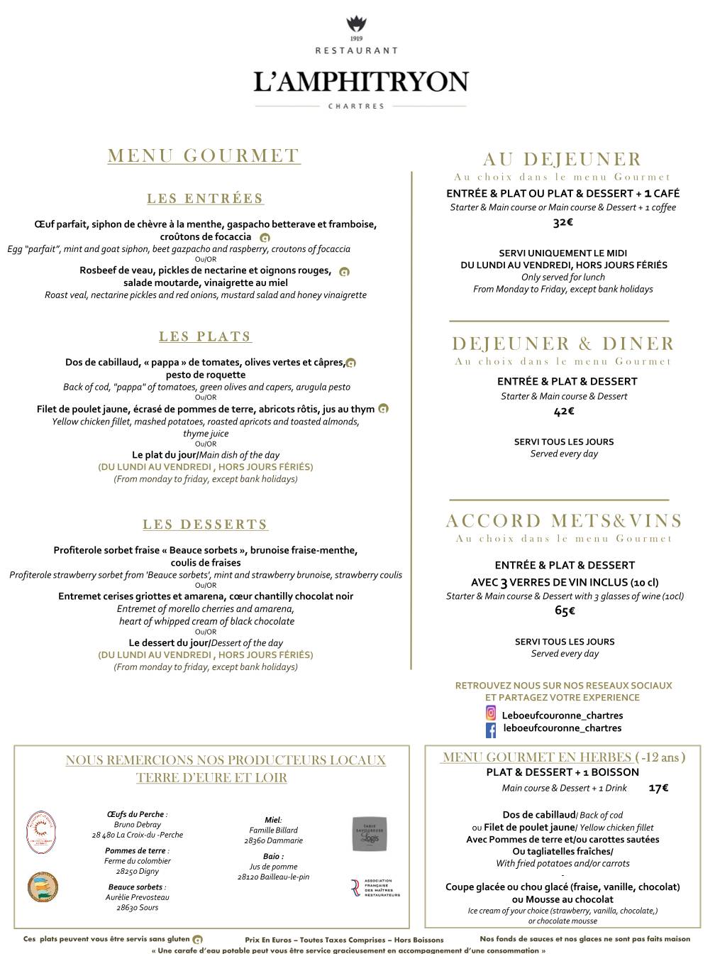 Menu de Restaurant L' Amphitryon Hôtel Le Bœuf Couronné - Chartres